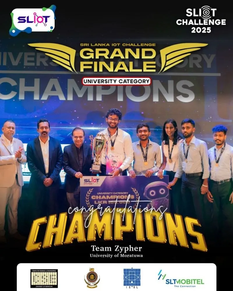 The BSFix team holding the SLIoT Challenge trophy and winners' cheque on stage
